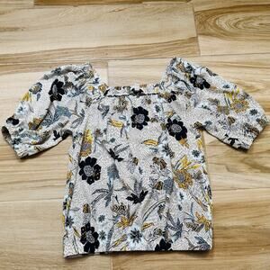 Evereve Puff Sleeve Blouse Square Neck Blue/Black/Gold Floral Size Medium